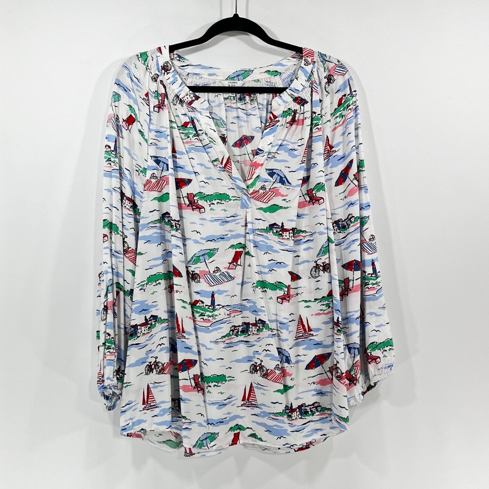 Crown & Ivy Curvy 3X Nautical Beach Print Blouse Split Neck Long Sleeve Rayon